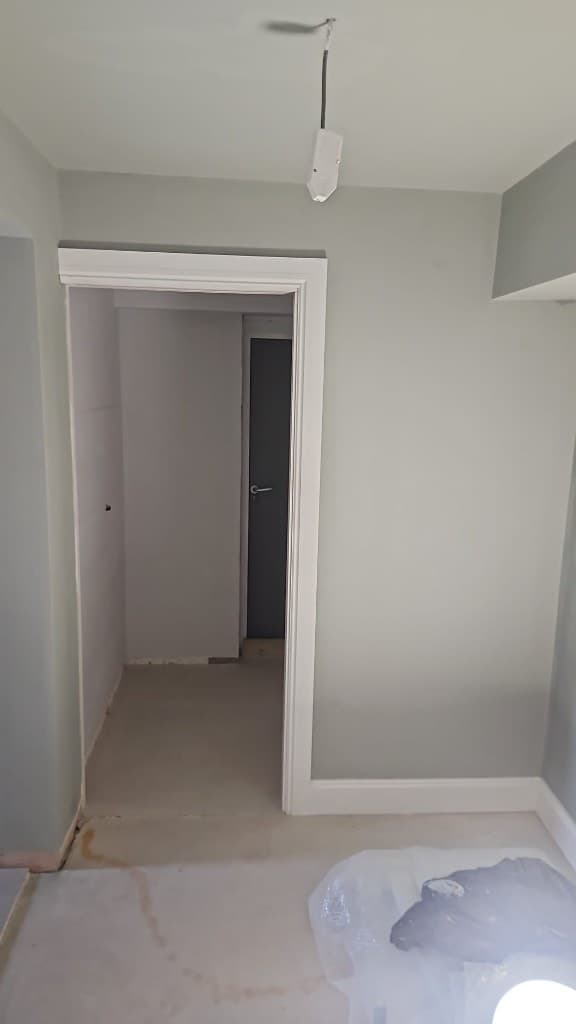Freshly painted pale sage green walls with crisp white door frames and skirting, looking through to a dark grey hallway door.